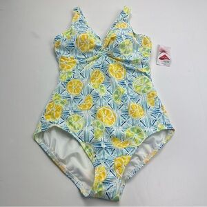 LANDS' END Tummy Control Yellow Blue White Citrus One-Piece 8 D Swimsuit NEW